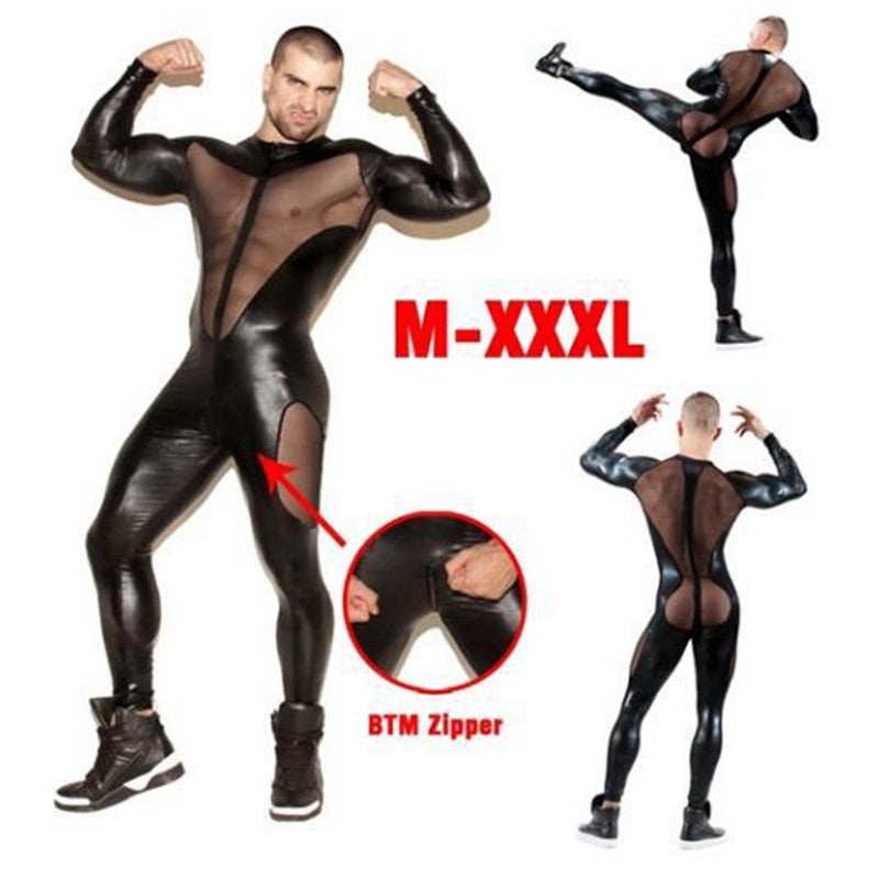 Patent leather mesh stitching jumpsuit